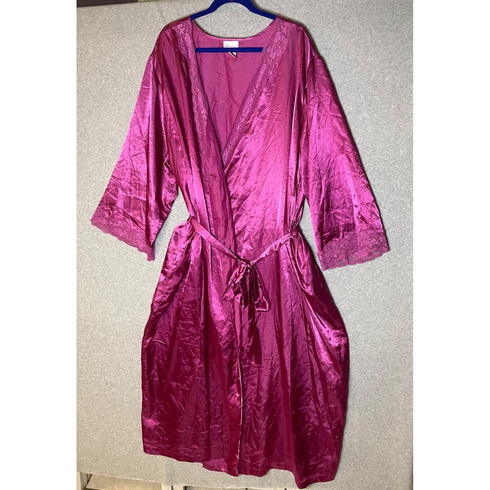 Amoureuse Satin Robe Womens 3X‎ Dark Pink Waist Tie Lace Trim